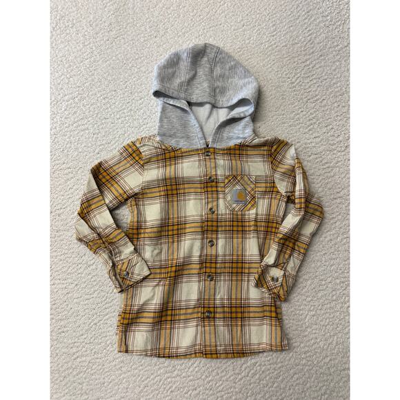 Carhartt Boys Long Sleeve Flannel Button Front Hoodie Shirt Size 5 - Picture 1 of 7